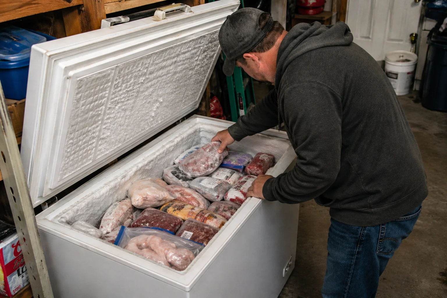 Person digging through a garage deep freezer looking for food to plan meals