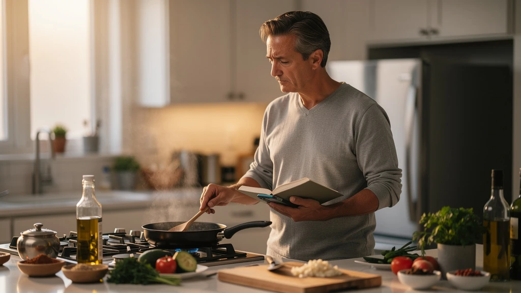Home cook standing in the kitchen thinking through a recipe alone