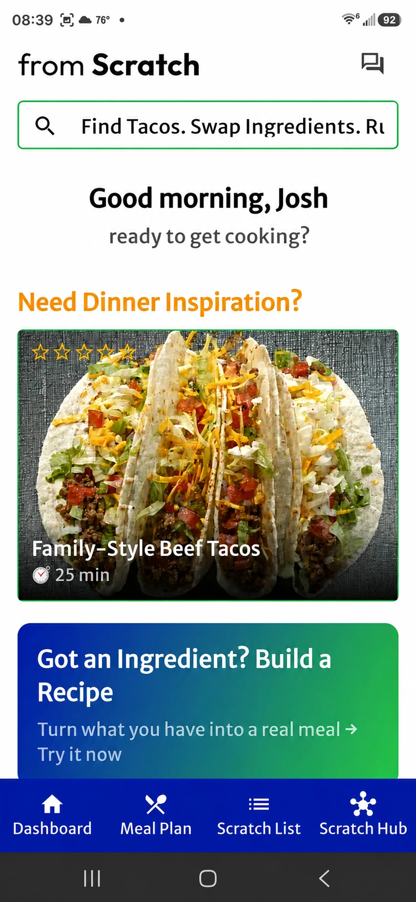 From Scratch app dashboard showing dinner inspiration, quick meals, and recipe discovery
