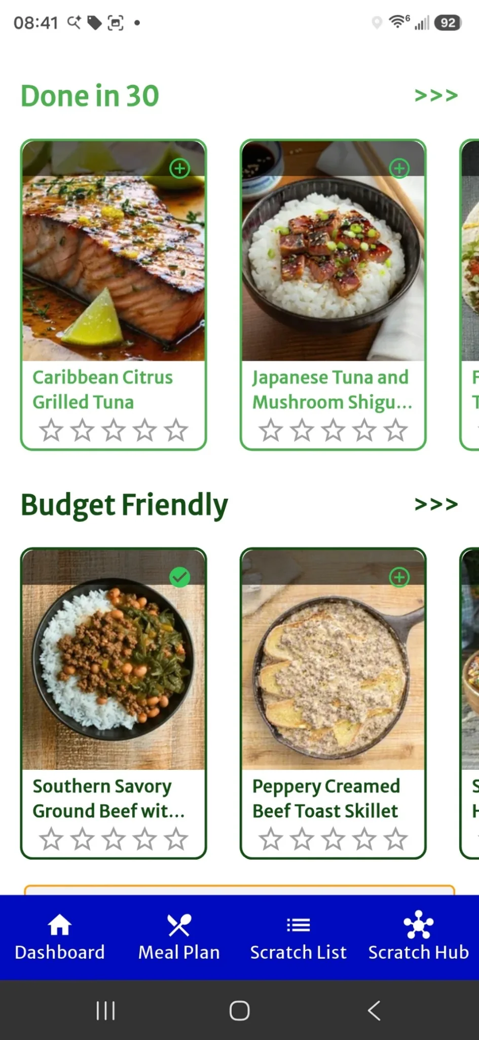 From Scratch app sections showing Done in 30 and Budget Friendly recipe rows