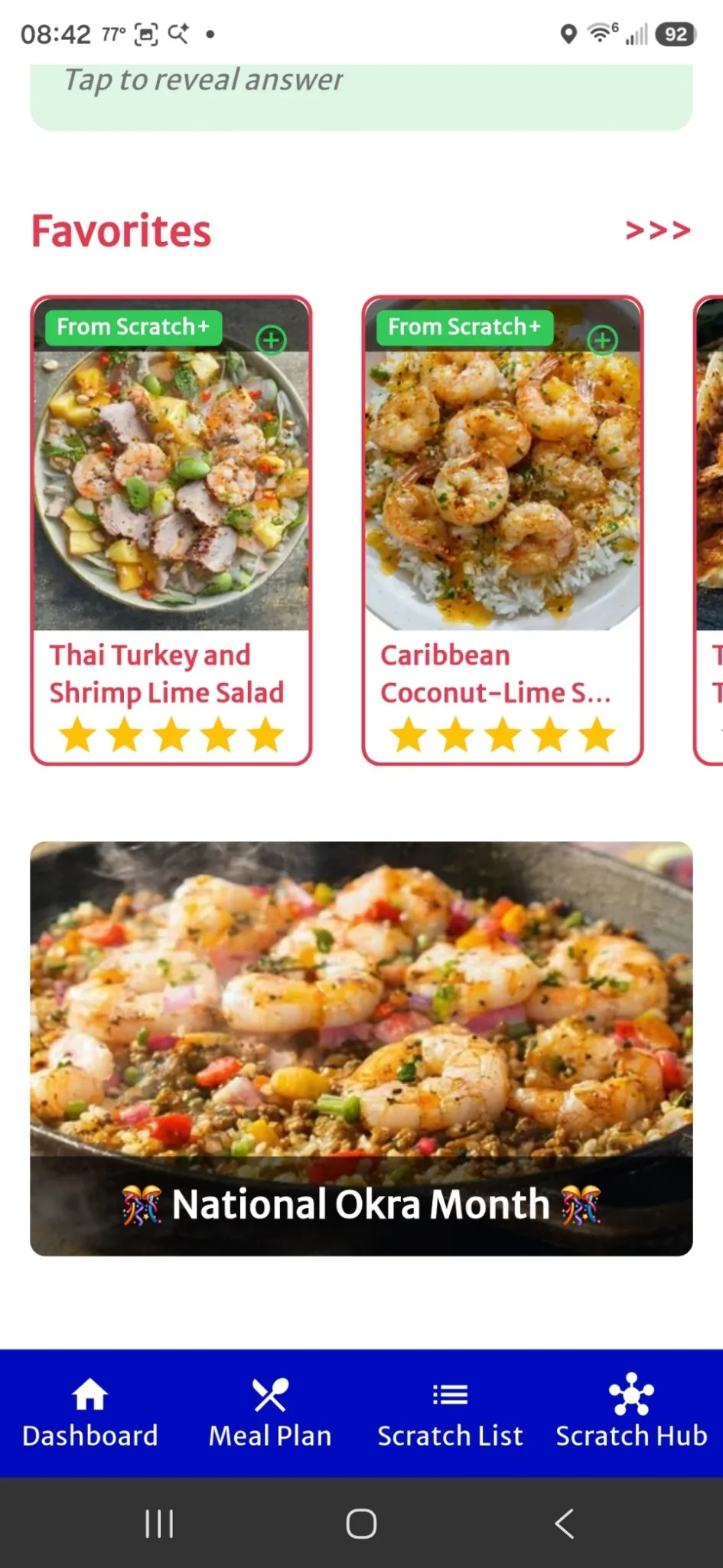 From Scratch app showing favorites and National Okra Month food holiday inspiration