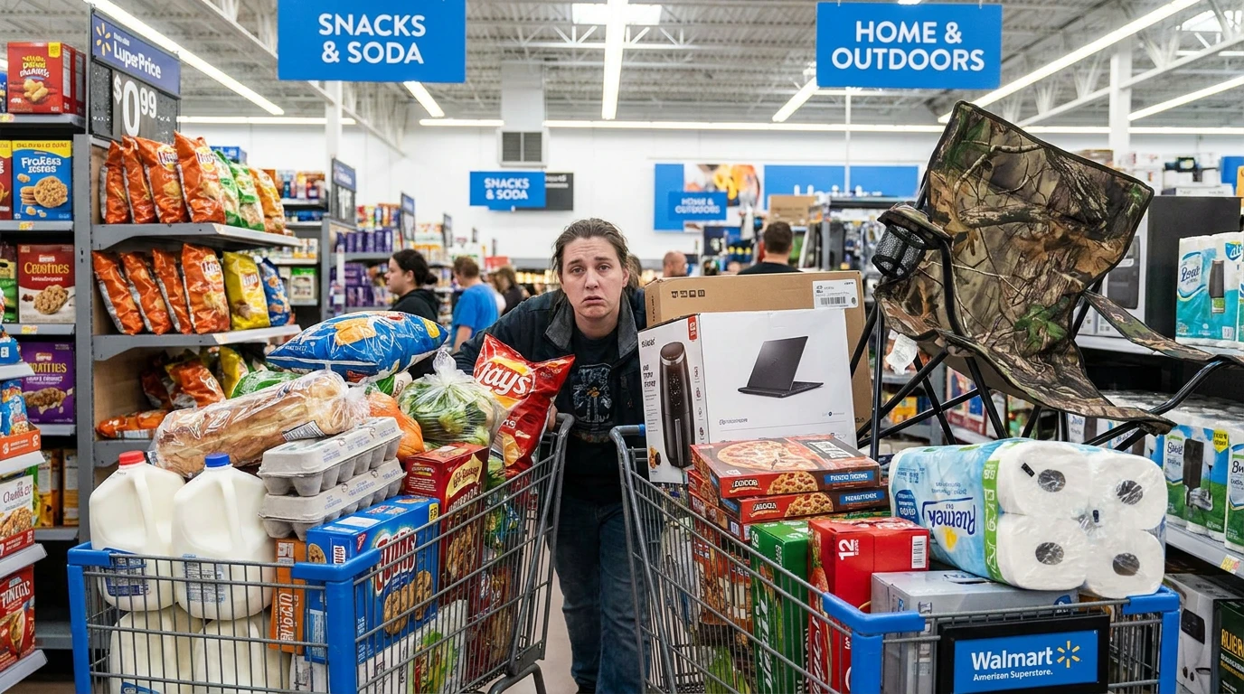 Overwhelmed shopper pushing an overloaded cart through a grocery superstore filled with groceries and impulse purchases