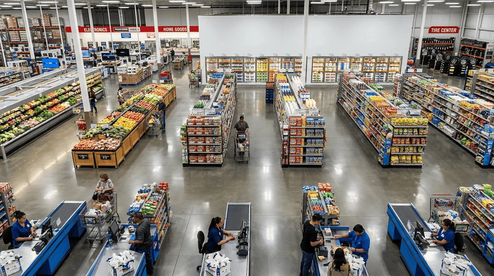 Wide view inside a bright American grocery superstore showing aisles, produce, and shoppers
