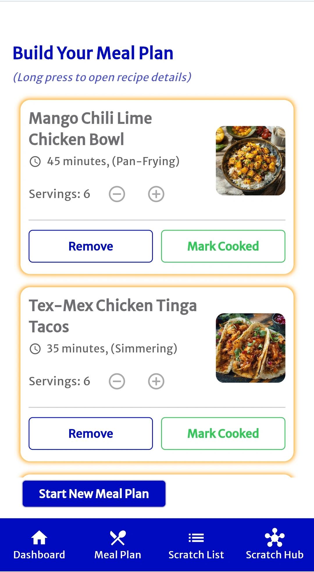 Meal plan showing recipes with time and servings for quick decision making