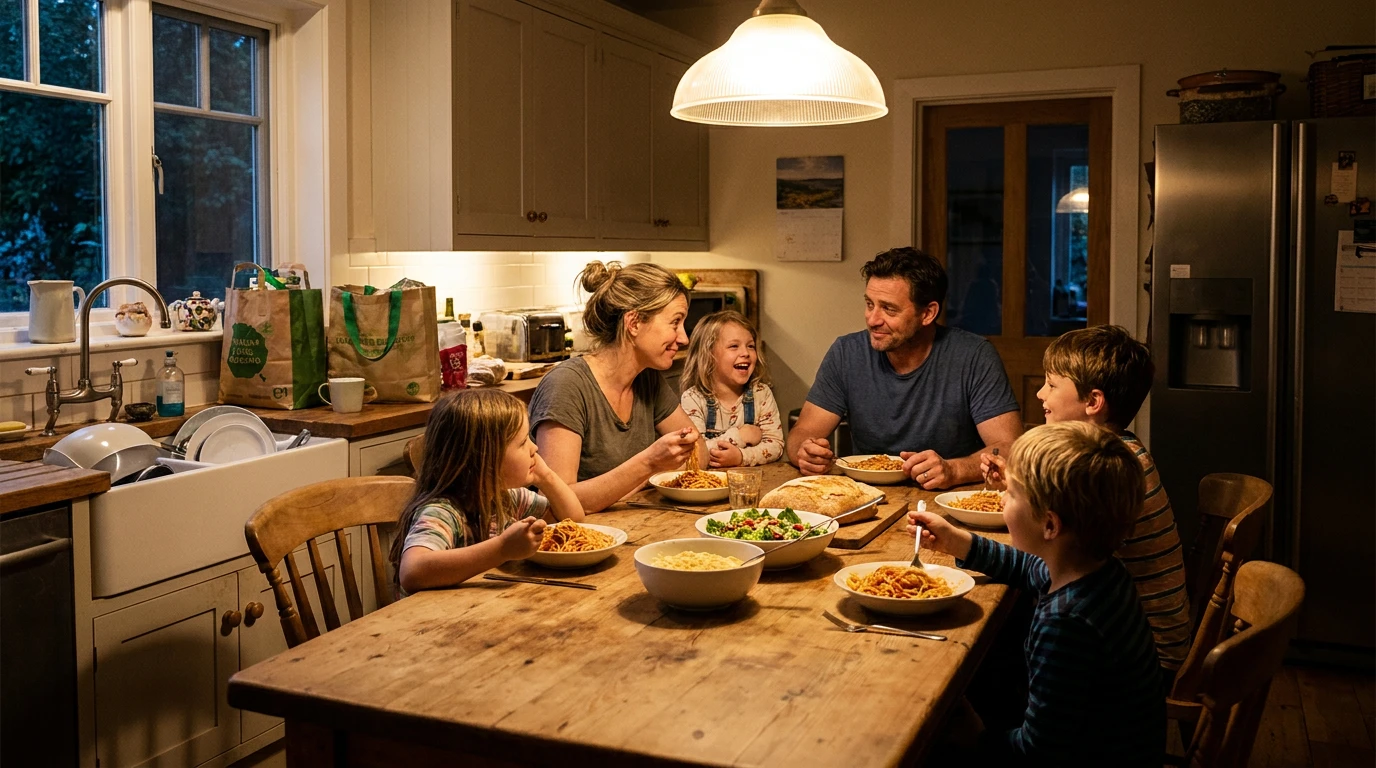 Family gathered around a homemade dinner table after a long day